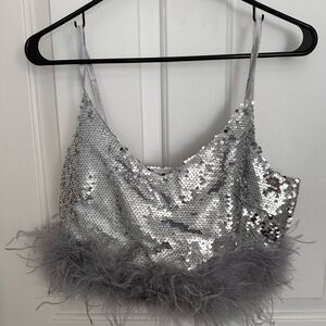 12th Tribe Cropped Sequin Feather Trim Tank